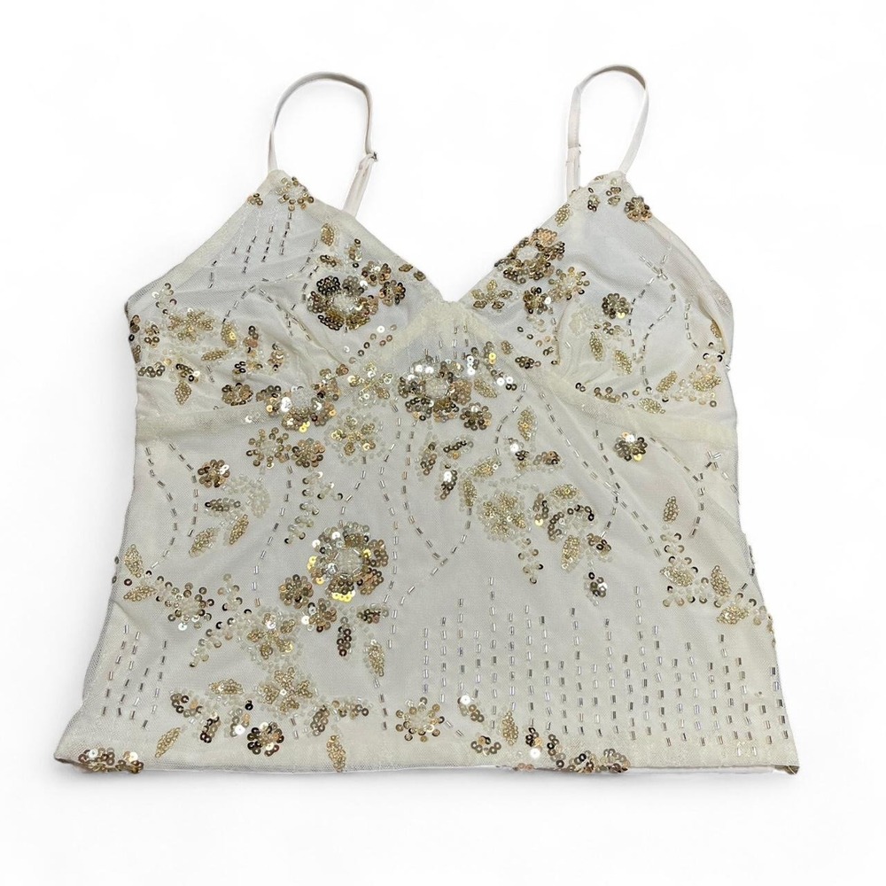 off-white fairycore sequin crop top with gold accents